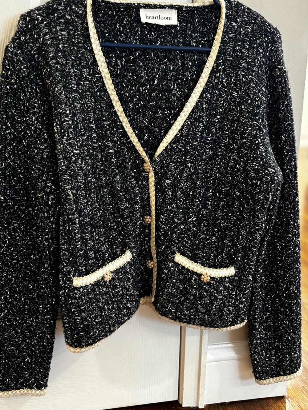 Heartloom Navy Blue Tweed Cardigan with Cream Trim and Gold Buttons